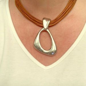 Chico’s Silver Pendant on Leather Rope Necklace